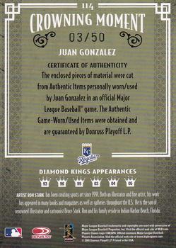 2005 Donruss Diamond Kings - Materials Framed Blue #114 Juan Gonzalez Back