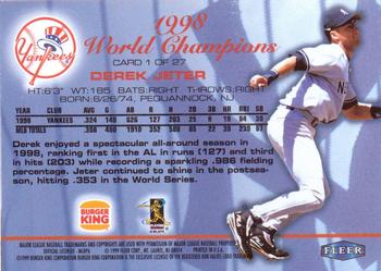 1999 Fleer Burger King New York Yankees #1 Derek Jeter Back