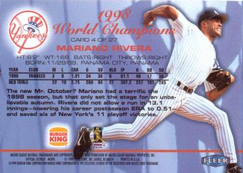 1999 Fleer Burger King New York Yankees #4 Mariano Rivera Back