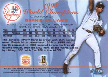 1999 Fleer Burger King New York Yankees #10 Bernie Williams Back
