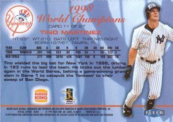 1999 Fleer Burger King New York Yankees #11 Tino Martinez Back