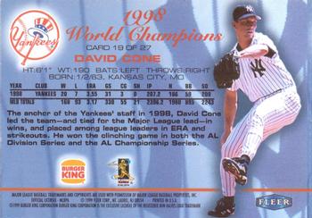 1999 Fleer Burger King New York Yankees #19 David Cone Back