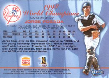 1999 Fleer Burger King New York Yankees #24 Jorge Posada Back