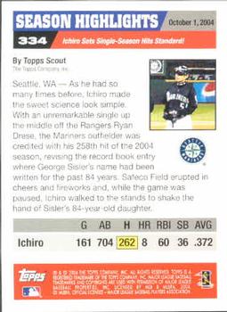 2005 Topps #334 Ichiro Breaks George Sisler's Hits Record! Back