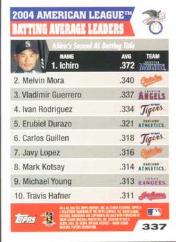 2005 Topps #337 2004 American League Batting Average (Ichiro / Melvin Mora / Vladimir Guerrero) Back