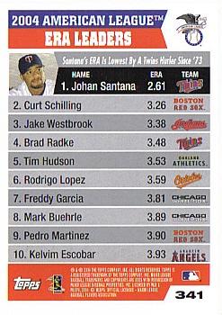2005 Topps #341 2004 American League ERA (Johan Santana / Curt Schilling / Jake Westbrook) Back