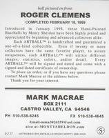 1998-99 Monty Sheldon Promos #NNO Roger Clemens Back