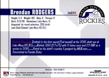 2015 Grandstand Grand Junction Rockies #NNO Brendan Rodgers Back