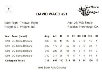 1993 Sioux Falls Canaries #2 David Waco Back