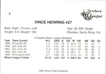 1993 Sioux Falls Canaries #3 Vince Herring Back