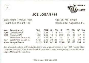 1993 Sioux Falls Canaries #4 Joe Logan Back
