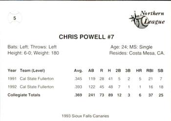 1993 Sioux Falls Canaries #5 Chris Powell Back