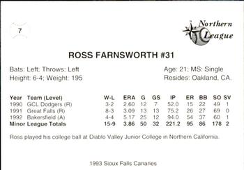 1993 Sioux Falls Canaries #7 Ross Farnsworth Back