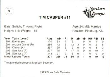 1993 Sioux Falls Canaries #9 Tim Casper Back