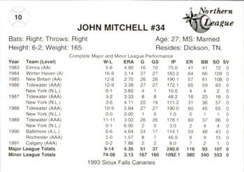 1993 Sioux Falls Canaries #10 John Mitchell Back