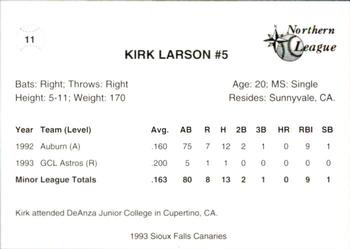 1993 Sioux Falls Canaries #11 Kirk Larson Back