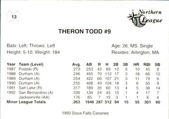 1993 Sioux Falls Canaries #13 Theron Todd Back