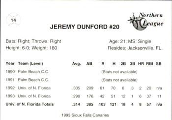 1993 Sioux Falls Canaries #14 Jeremy Dunford Back