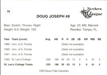 1993 Sioux Falls Canaries #16 Doug Joseph Back
