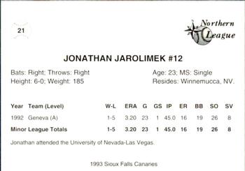 1993 Sioux Falls Canaries #21 Jonathan Jarolimek Back