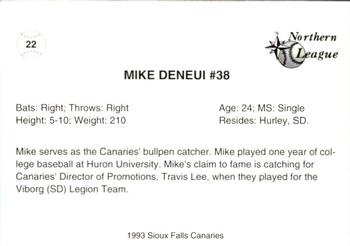 1993 Sioux Falls Canaries #22 Mike DeNeui Back