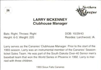 1993 Sioux Falls Canaries #26 Larry McKenny Back