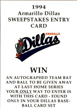 1994 Collect-A-Sport Amarillo Dillas #30 Sweepstakes Entry Card Front