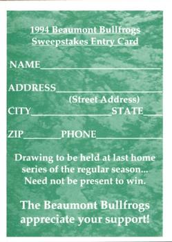 1994 Collect-A-Sport Beaumont Bullfrogs #25 Sweepstakes Entry Card Back