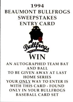 1994 Collect-A-Sport Beaumont Bullfrogs #25 Sweepstakes Entry Card Front