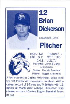 1994 Chillicothe Paints #7 Brian Dickerson Back