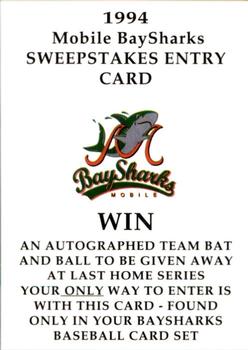 1994 Collect-A-Sport Mobile Baysharks #28 Sweepstakes Entry Card Front