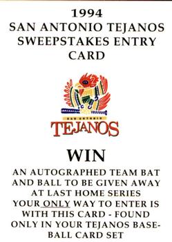 1994 Collect-A-Sport San Antonio Tejanos #30 Sweepstakes Entry Card Front