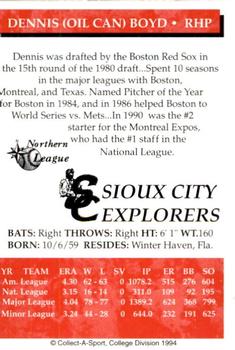1994 Collect-A-Sport Sioux City Explorers #NNO Dennis (Oil Can) Boyd Back