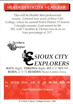 1994 Collect-A-Sport Sioux City Explorers #NNO Heath Destitger Back