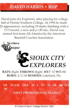 1994 Collect-A-Sport Sioux City Explorers #NNO David Harris Back