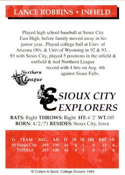 1994 Collect-A-Sport Sioux City Explorers #NNO Lance Robbins Back