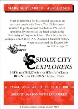 1994 Collect-A-Sport Sioux City Explorers #NNO Mark Schlemmer Back