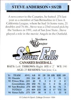 1994 Collect-A-Sport Sioux Falls Canaries #2 Steve Anderson Back