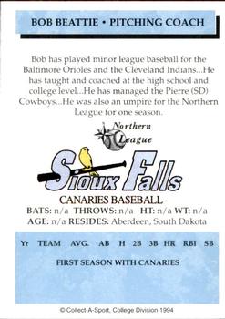1994 Collect-A-Sport Sioux Falls Canaries #4 Bob Beattie Back