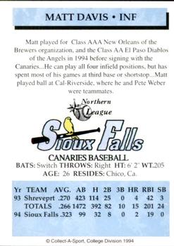 1994 Collect-A-Sport Sioux Falls Canaries #6 Matt Davis Back