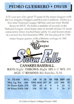1994 Collect-A-Sport Sioux Falls Canaries #11 Pedro Guerrero Back