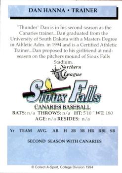 1994 Collect-A-Sport Sioux Falls Canaries #12 Dan Hanna Back
