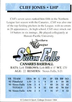 1994 Collect-A-Sport Sioux Falls Canaries #15 Cliff Jones Back