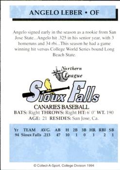 1994 Collect-A-Sport Sioux Falls Canaries #16 Angelo Leber Back