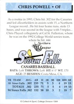 1994 Collect-A-Sport Sioux Falls Canaries #20 Chris Powell Back