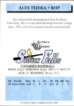 1994 Collect-A-Sport Sioux Falls Canaries #24 Alex Tejera Back