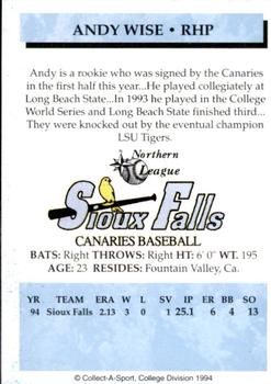 1994 Collect-A-Sport Sioux Falls Canaries #27 Andy Wise Back