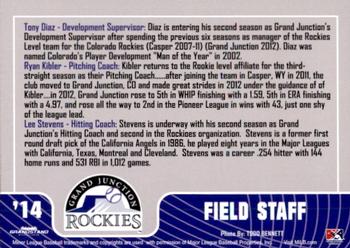 2014 Grandstand Grand Junction Rockies #NNO Field Staff (Tony Diaz / Ryan Kibler / Lee Stevens) Back