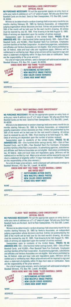 1985 Fleer Star Stickers - Team Stickers 3-Sticker Panels #NNO St. Louis Cardinals / Kansas City Royals / Toronto Blue Jays Logos Back