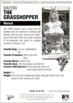 2009 MultiAd Greensboro Grasshoppers #31 Guilford the Grasshopper Back